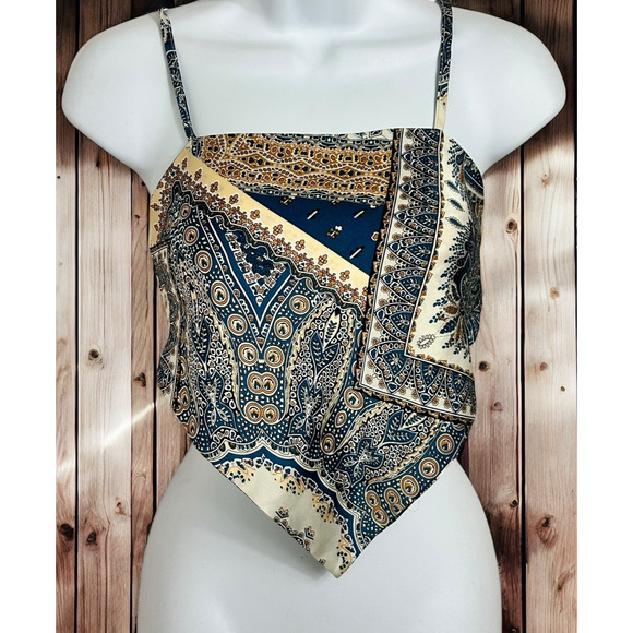Shein Scarf Print Tie Back Top Sz Small Silky Open Back Tank Blouse Bandana - Picture 1 of 5